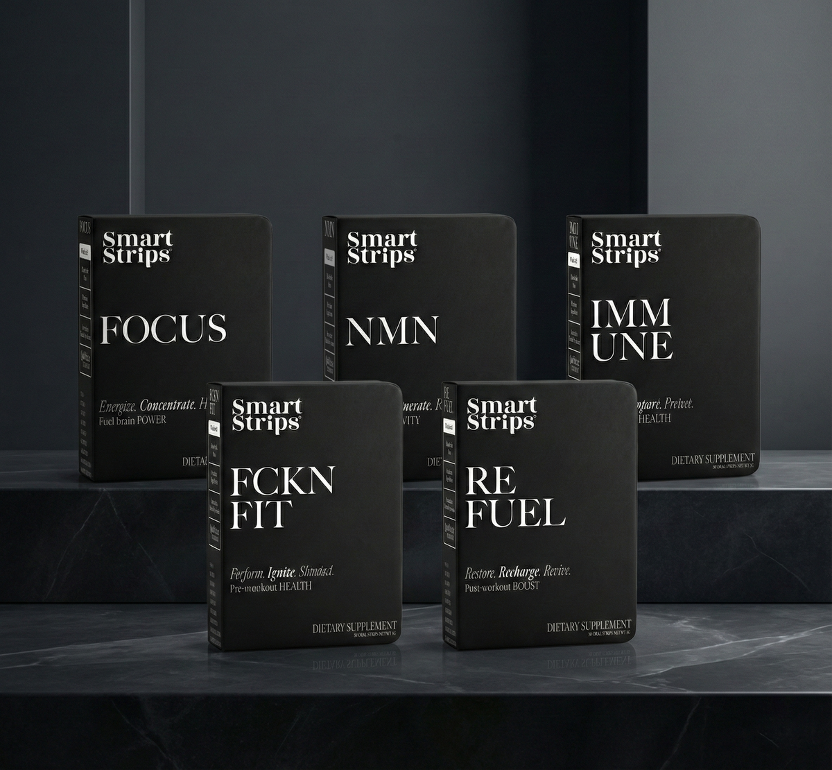 Smart Strips FOCUS, NMN, IMMUNE, FCKN FIT and REFUEL boxes
