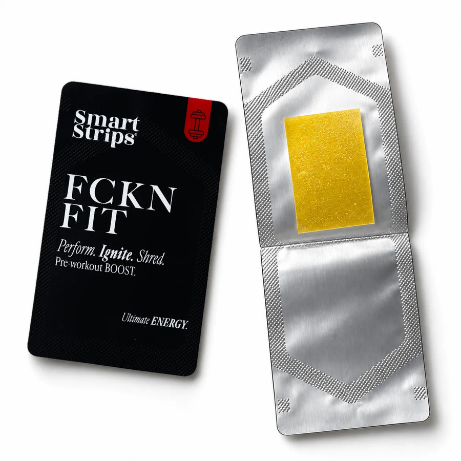 Smart Strips FCKN FIT sachet next to an opened sachet with the oral dissolvable strip inside