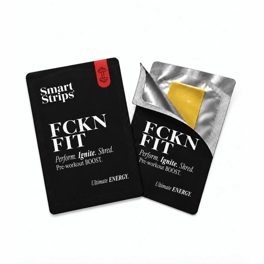 Smart Strips FCKN FIT sachet and a half-opened sachet showing the oral dissolvable strip