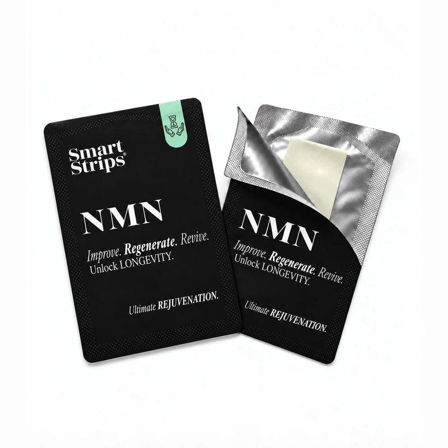 Smart Strips NMN sachet and a half-opened sachet showing the oral dissolvable strip