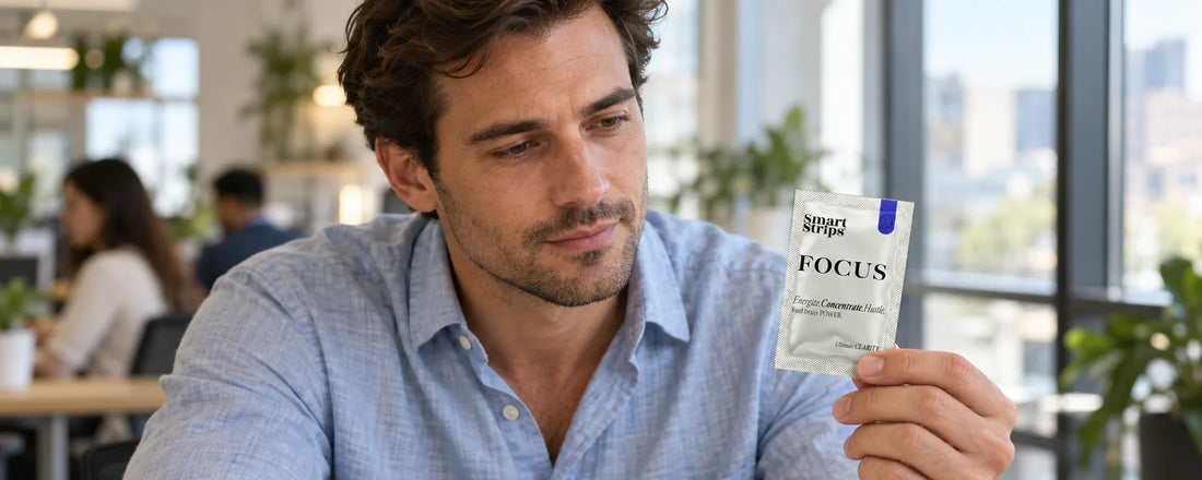Man at an office desk in the afternoon looking at an opened Smart Strips FOCUS sachet