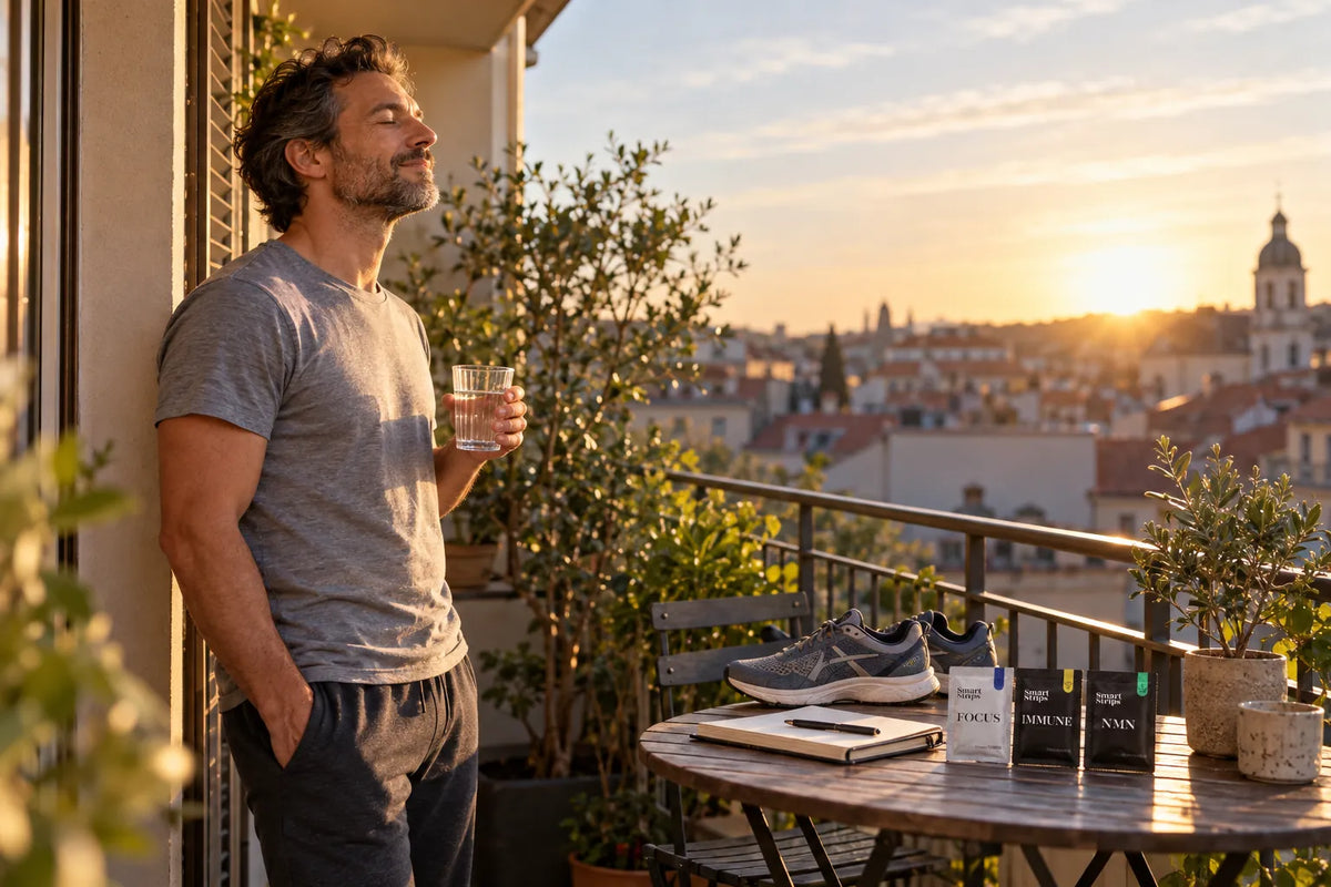 Man on a city balcony at sunrise with a glass of water, Smart Strips sachets and running shoes on the table beside him