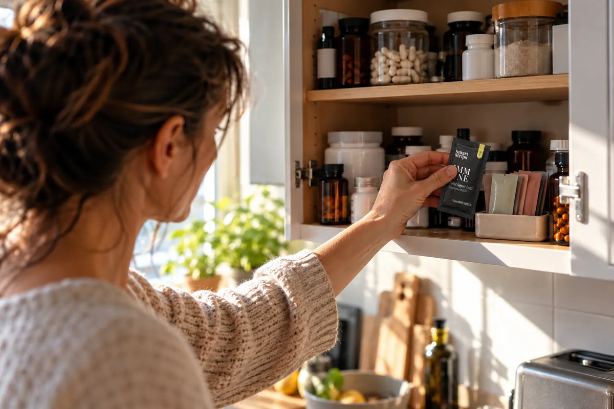Woman reaching into a kitchen cabinet full of supplement jars and bottles to take a Smart Strips sachet