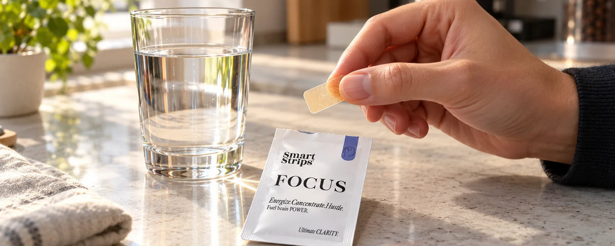 Hand holding a single oral dissolvable strip above a Smart Strips FOCUS sachet, with an untouched glass of water on a kitchen counter