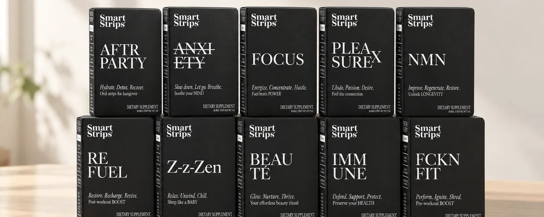 All ten Smart Strips oral dissolvable strip boxes stacked in two rows on a light wooden table