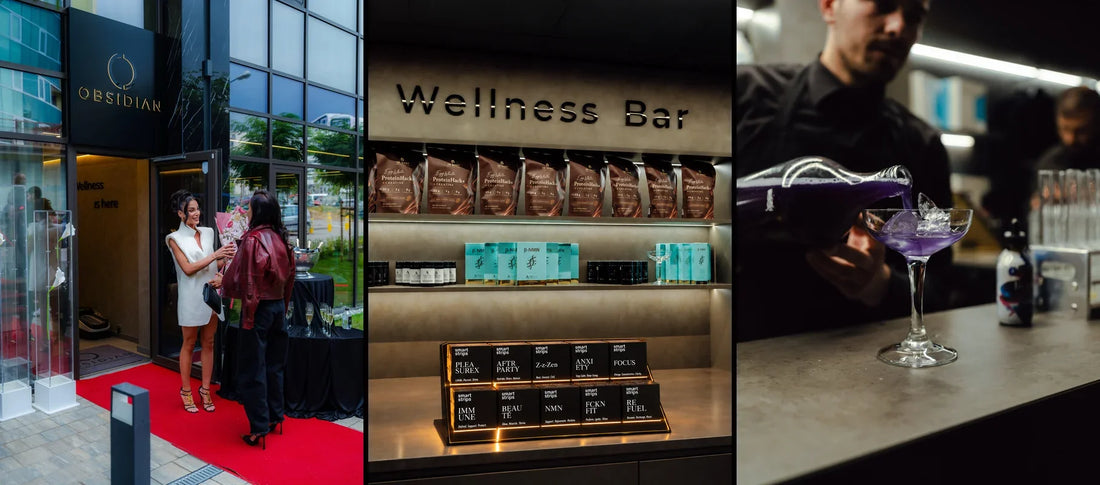 Opening night of Obsidian Biohacking and Longevity Club in Sofia: red carpet entrance, the Wellness Bar with Smart Strips and a cocktail being poured