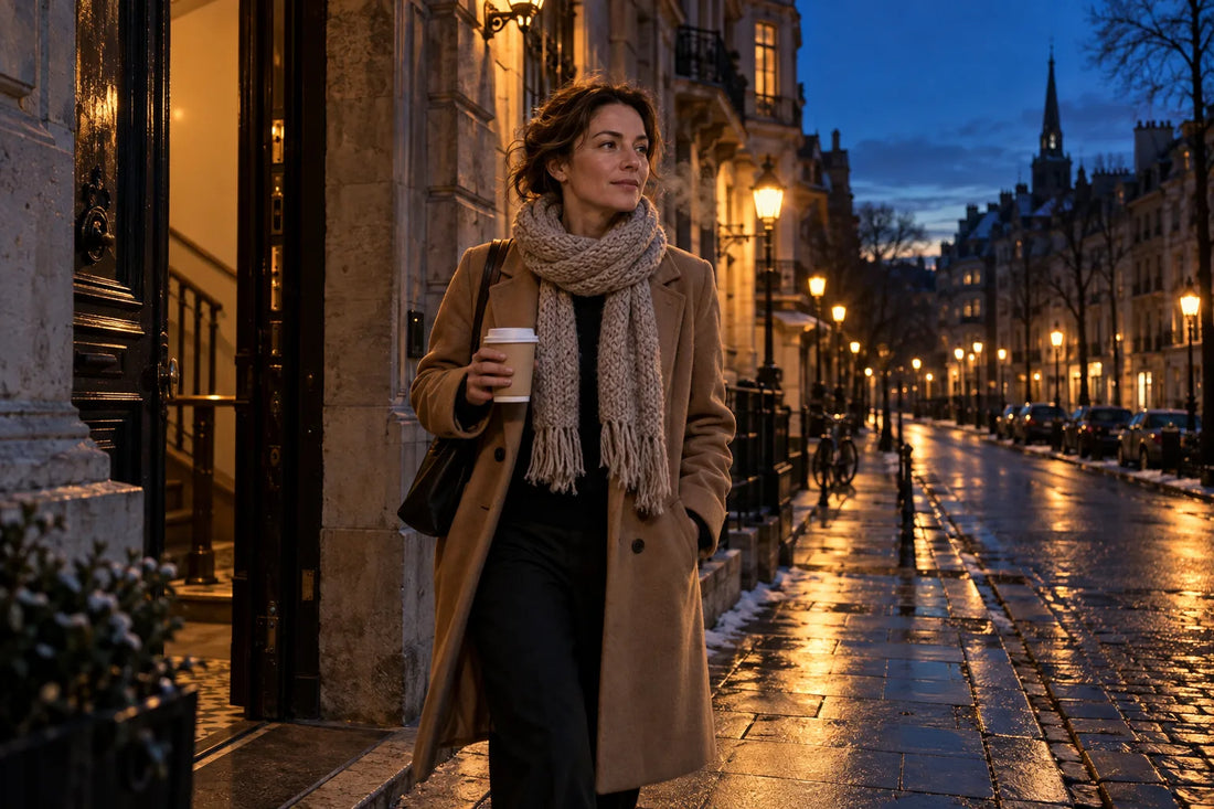 Woman in a camel coat and knitted scarf with a takeaway coffee leaving her building on a dark winter morning, street lamps still lit under a deep blue sky