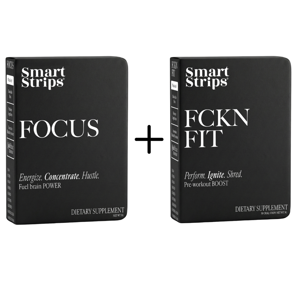 Two black boxes of Smart Strips dietary supplements, one labeled 'Focus' and the other 'FCKN Fit'. 2