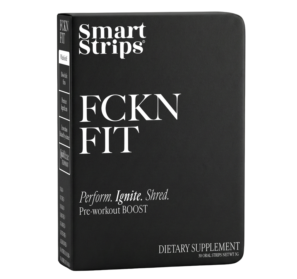 Two black boxes of Smart Strips dietary supplements, one labeled 'Focus' and the other 'FCKN Fit'. 2