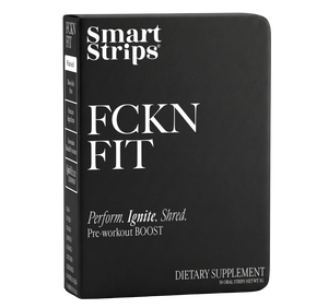 Black box of Smart Strips FCKN FIT dietary supplement with white text on a white background