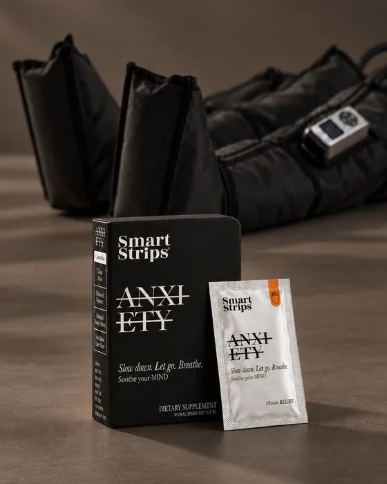 Smart Strips ANXIETY box and sachet in front of compression therapy boots at Obsidian