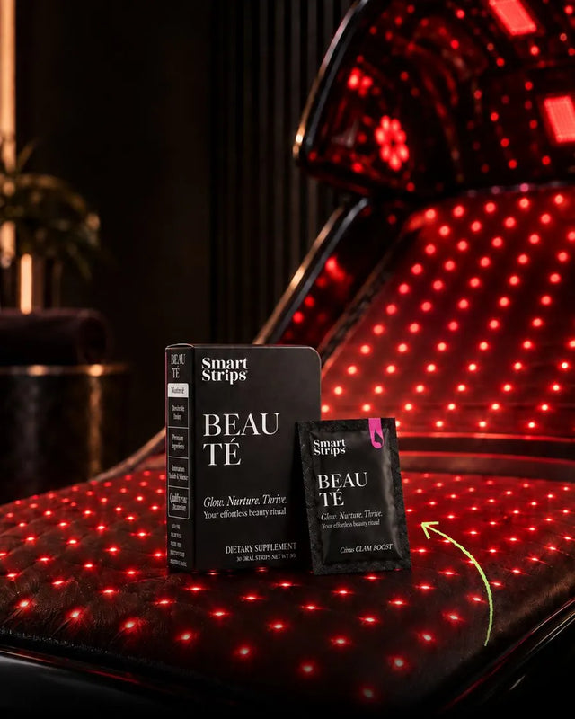 Smart Strips BEAUTÉ box and sachet on the Red Couch Oxy red light bed at Obsidian