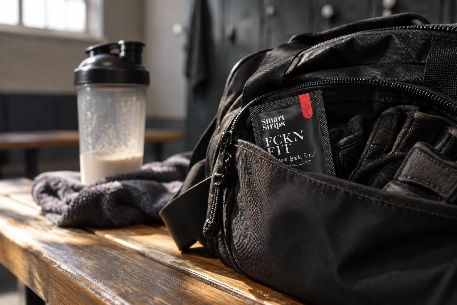Smart Strips FCKN FIT sachet in the side pocket of a gym bag next to a shaker and gloves