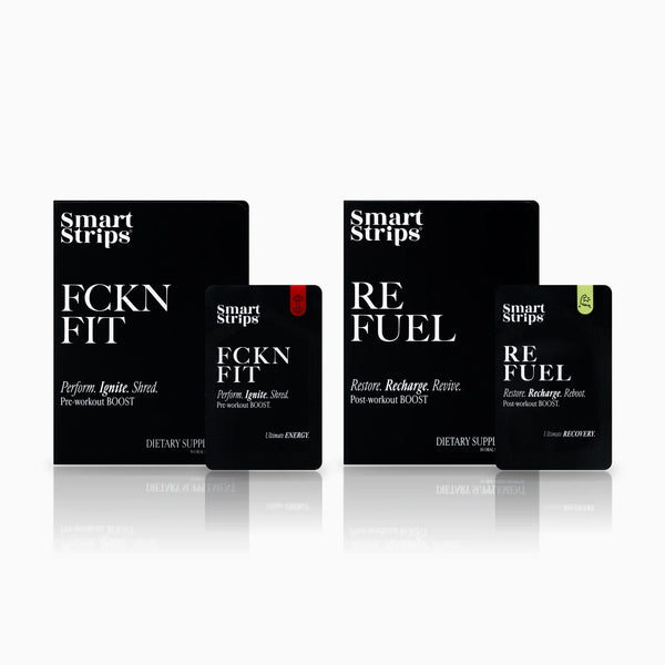 Smart Strips Fitness Ready: FCKN FIT and REFUEL boxes with their sachets