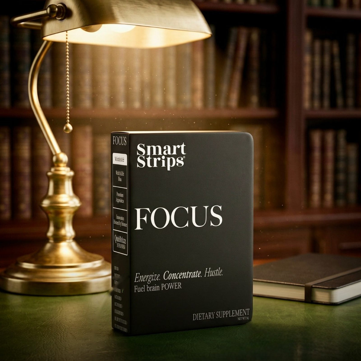 Smart Strips FOCUS oral dissolvable strips, box on a desk under a lamp