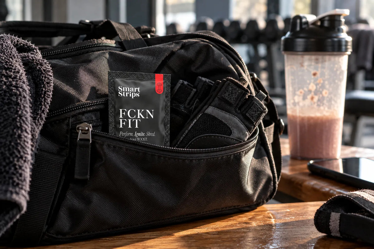 Smart Strips FCKN FIT sachet in the front pocket of a gym bag, next to a shaker bottle and training gloves