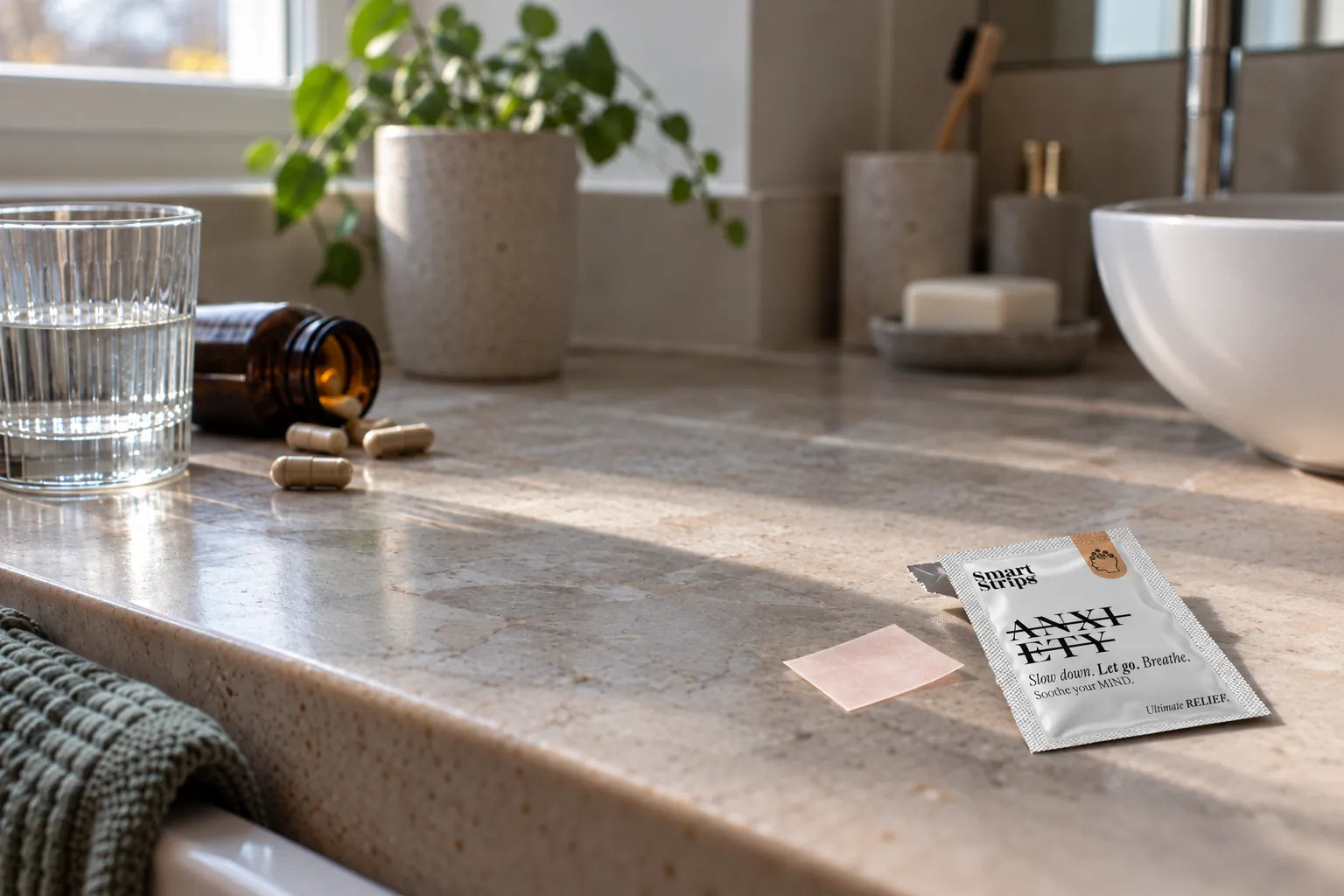 Opened Smart Strips ANXIETY sachet with its thin oral strip next to spilled capsules and a glass of water on a bathroom counter