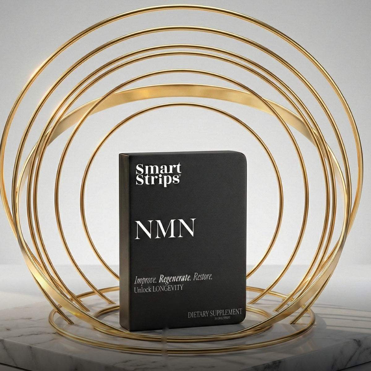 Smart Strips NMN oral dissolvable strips, box on gold rings