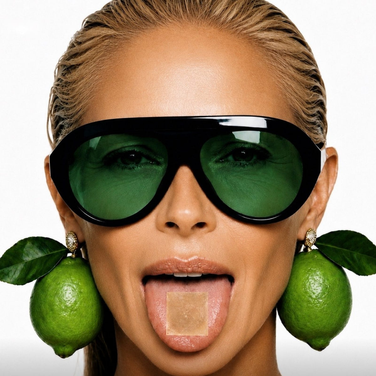 Smart Strips NMN oral dissolvable strips, woman in green sunglasses with a strip on her tongue