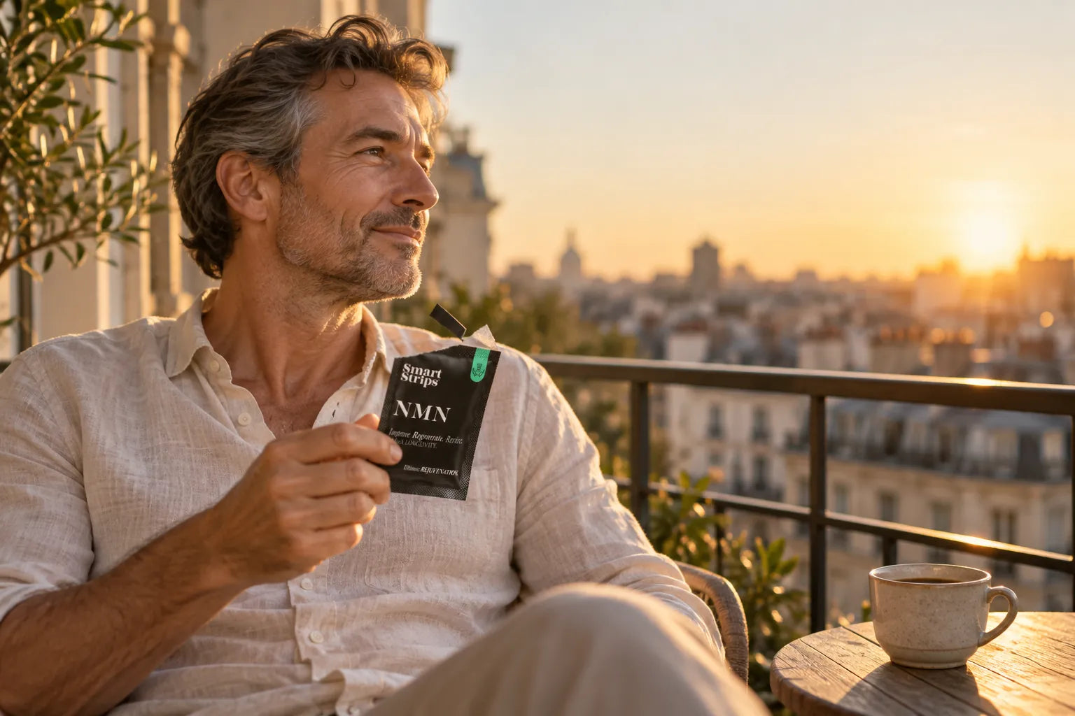 Man on a balcony early in the morning holding an open Smart Strips NMN sachet, with a cup of coffee