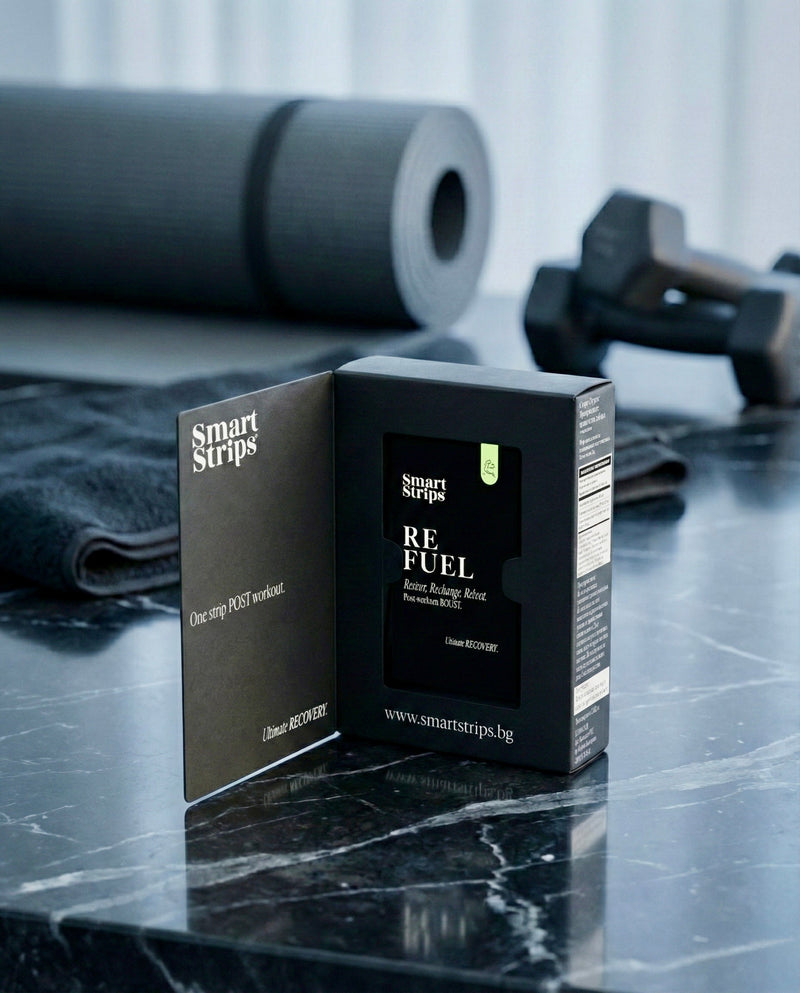 Open box of Smart Strips REFUEL post-workout oral dissolvable strips on marble, with dumbbells and a yoga mat behind