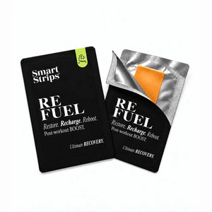 Smart Strips REFUEL sachet and a half-opened sachet showing the oral dissolvable strip