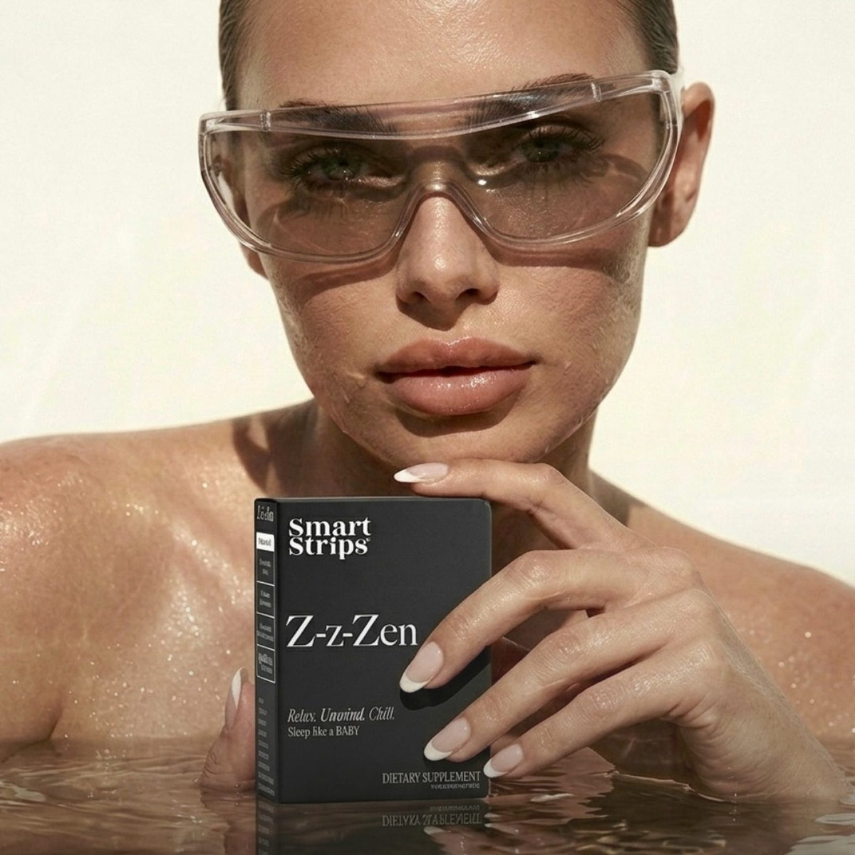 Smart Strips Z-z-Zen oral dissolvable strips, woman in water holding the box