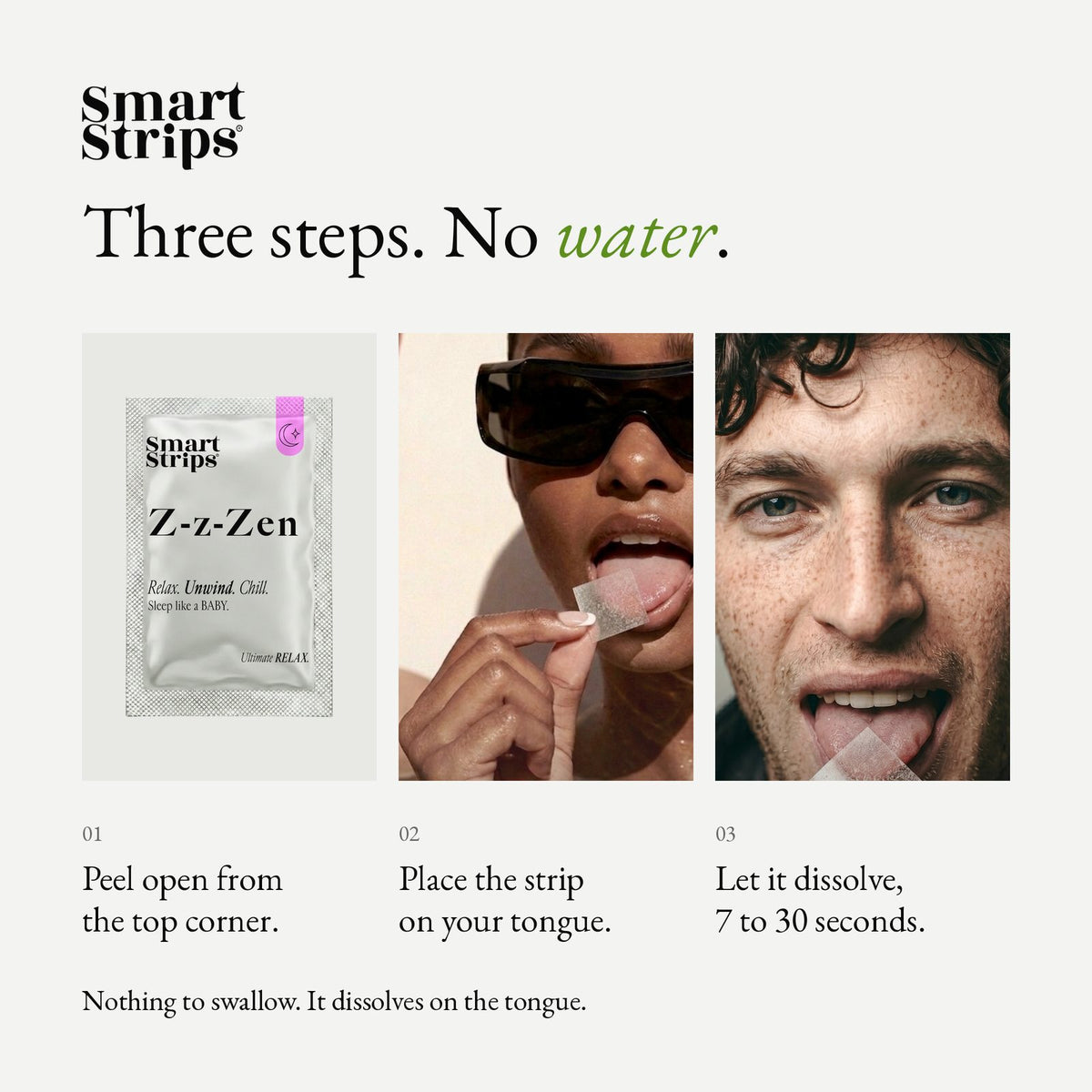 Smart Strips Z-z-Zen oral dissolvable strips, how to use in three steps