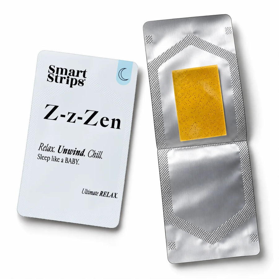Smart Strips Z-z-Zen sachet next to an opened sachet with the oral dissolvable strip inside