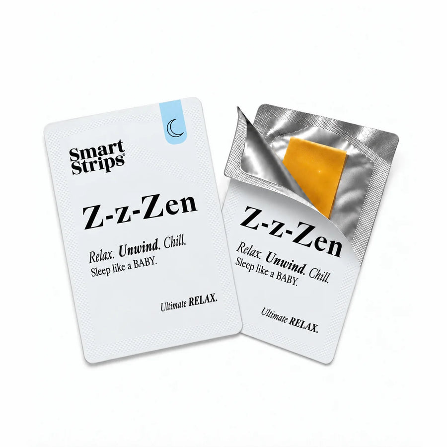 Smart Strips Z-z-Zen sachet and a half-opened sachet showing the oral dissolvable strip